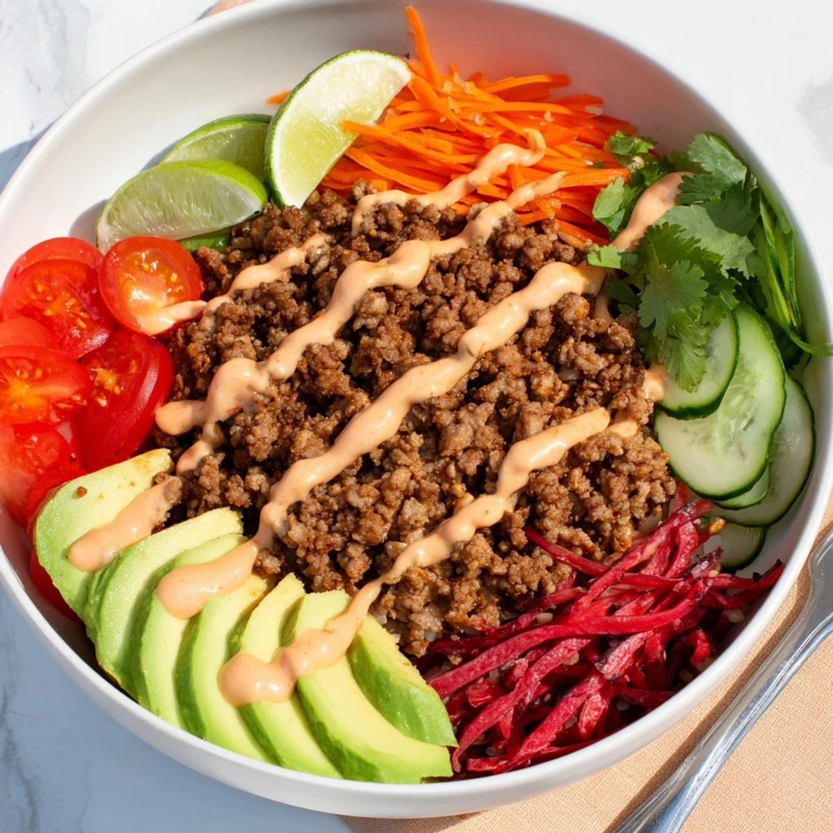 A colorful plant-based meat bowl topped with fresh veggies and zesty lime.  