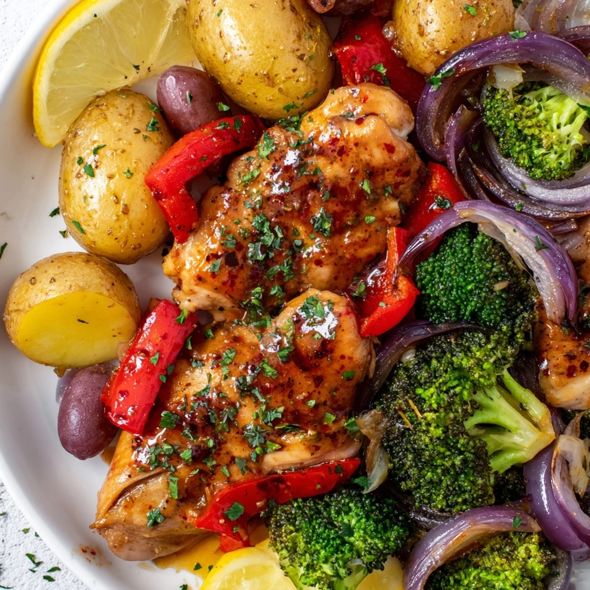 Juicy Lazy Gourmet Chicken & Vegetable One-Pot served with lemon wedges and parsley.  