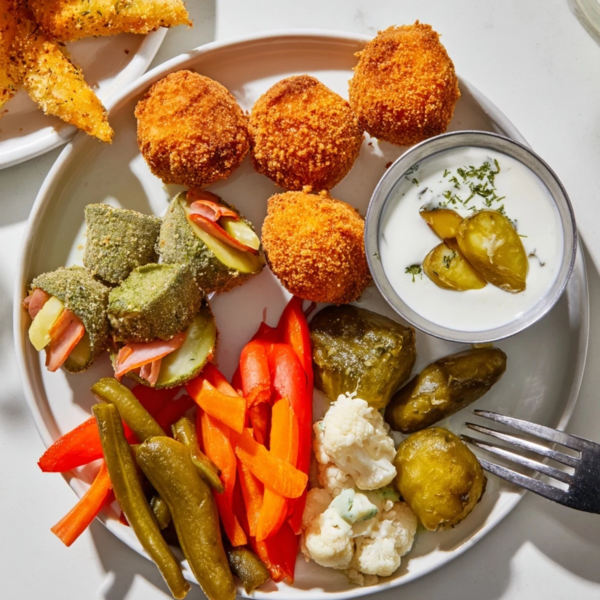 Crispy fried pickles served with a tangy dipping sauce on a platter.  