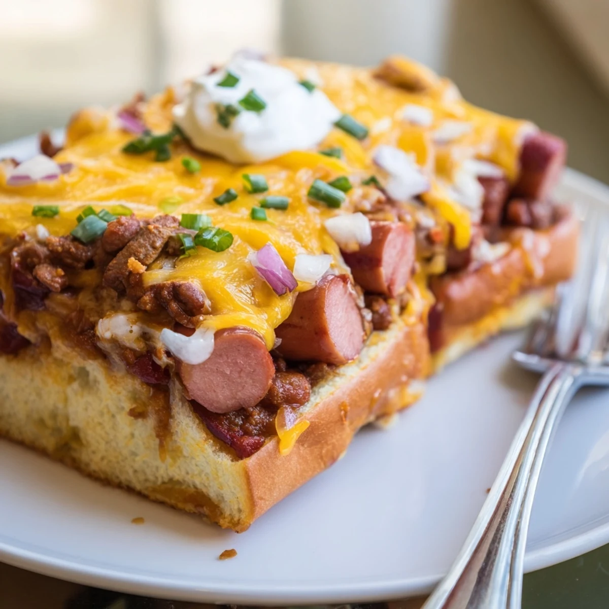 Savory Chili Dog Casserole served hot, perfect for weeknight dinners or gatherings.