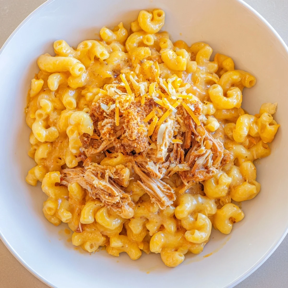 Creamy Classic Mac & Cheese with BBQ chicken topped with crispy panko breadcrumbs.  