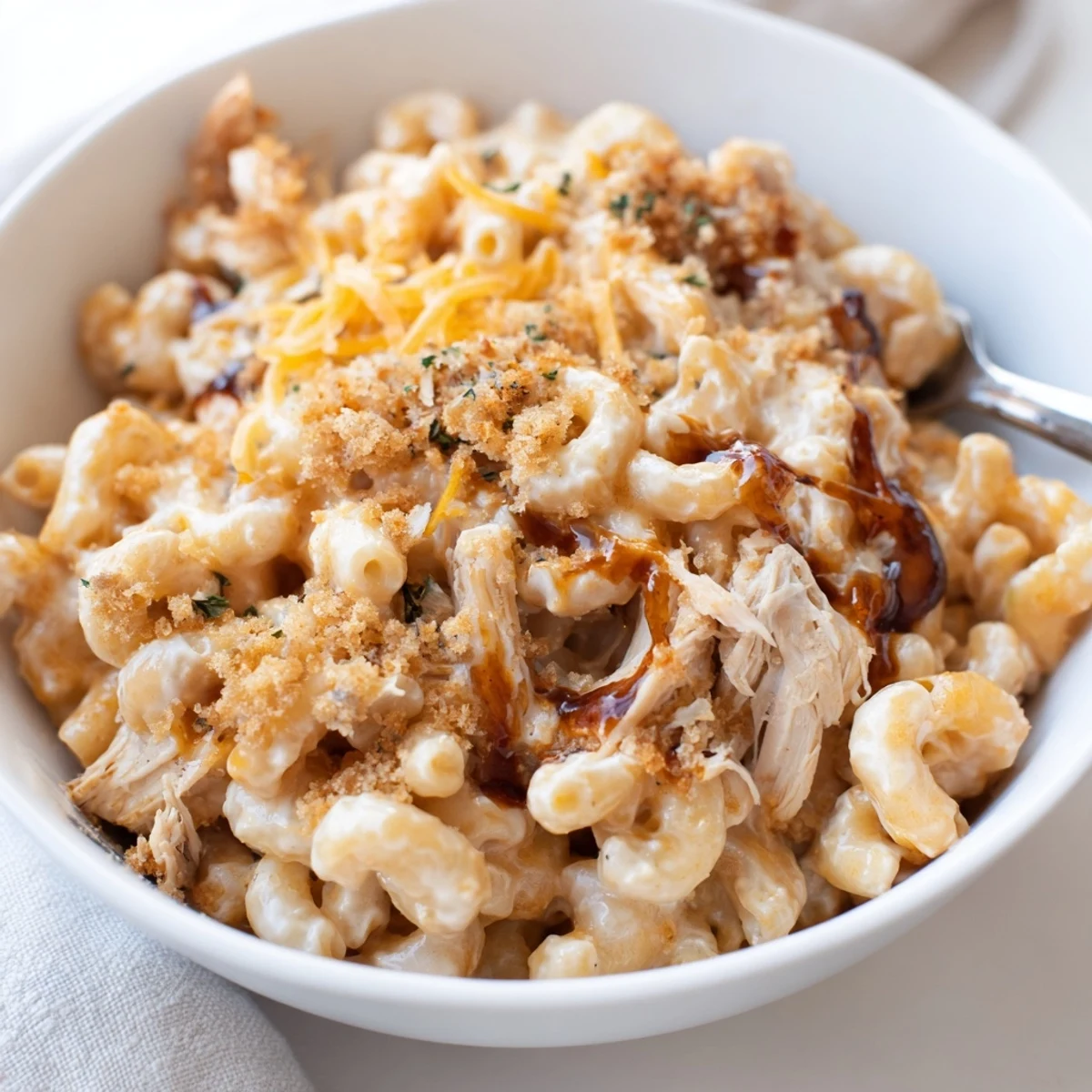 Melt-in-your-mouth Classic Mac & Cheese, complemented by tangy barbecue chicken pieces.