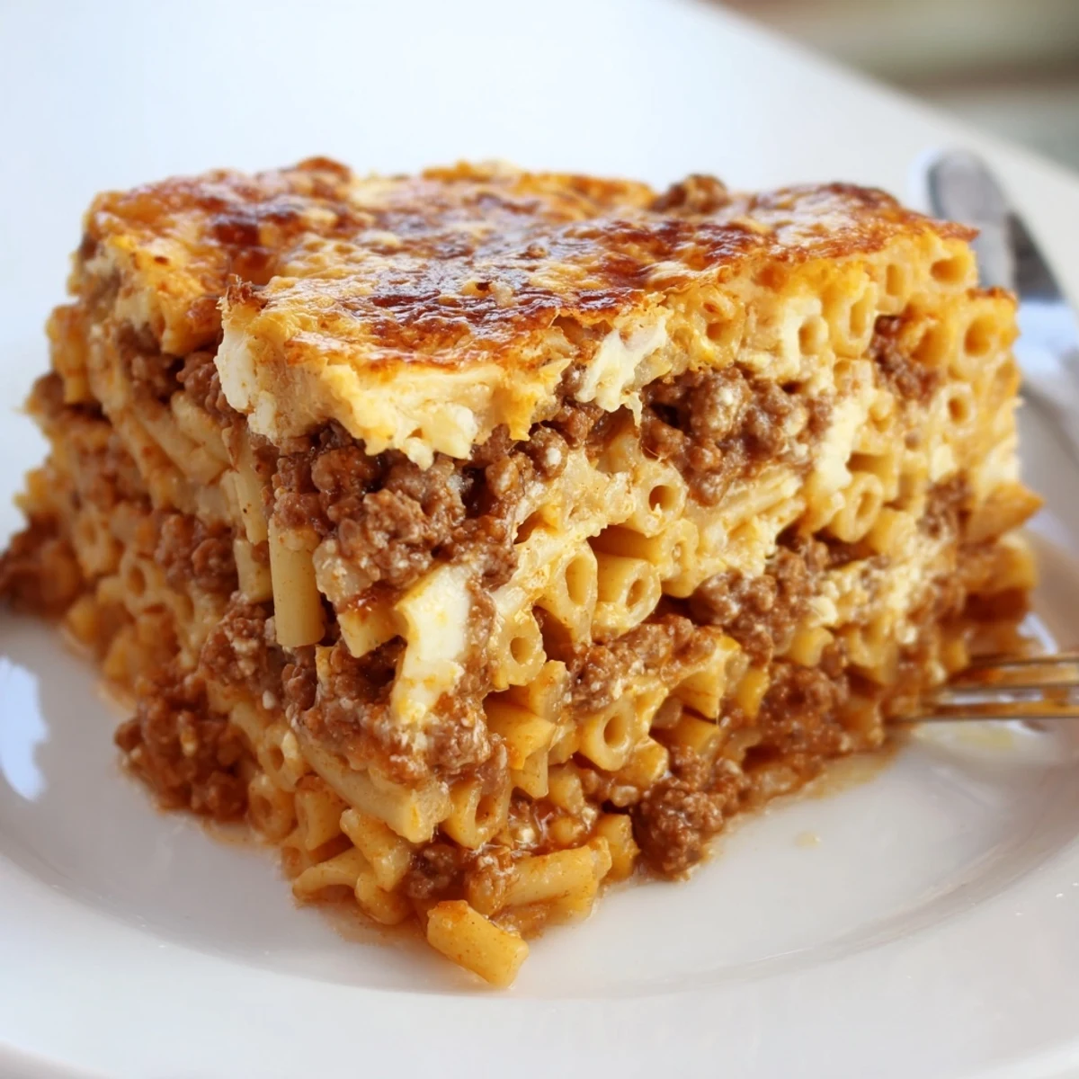 Mouthwatering Greek Pastitsio featuring pasta, rich beef, and nutmeg béchamel sauce.