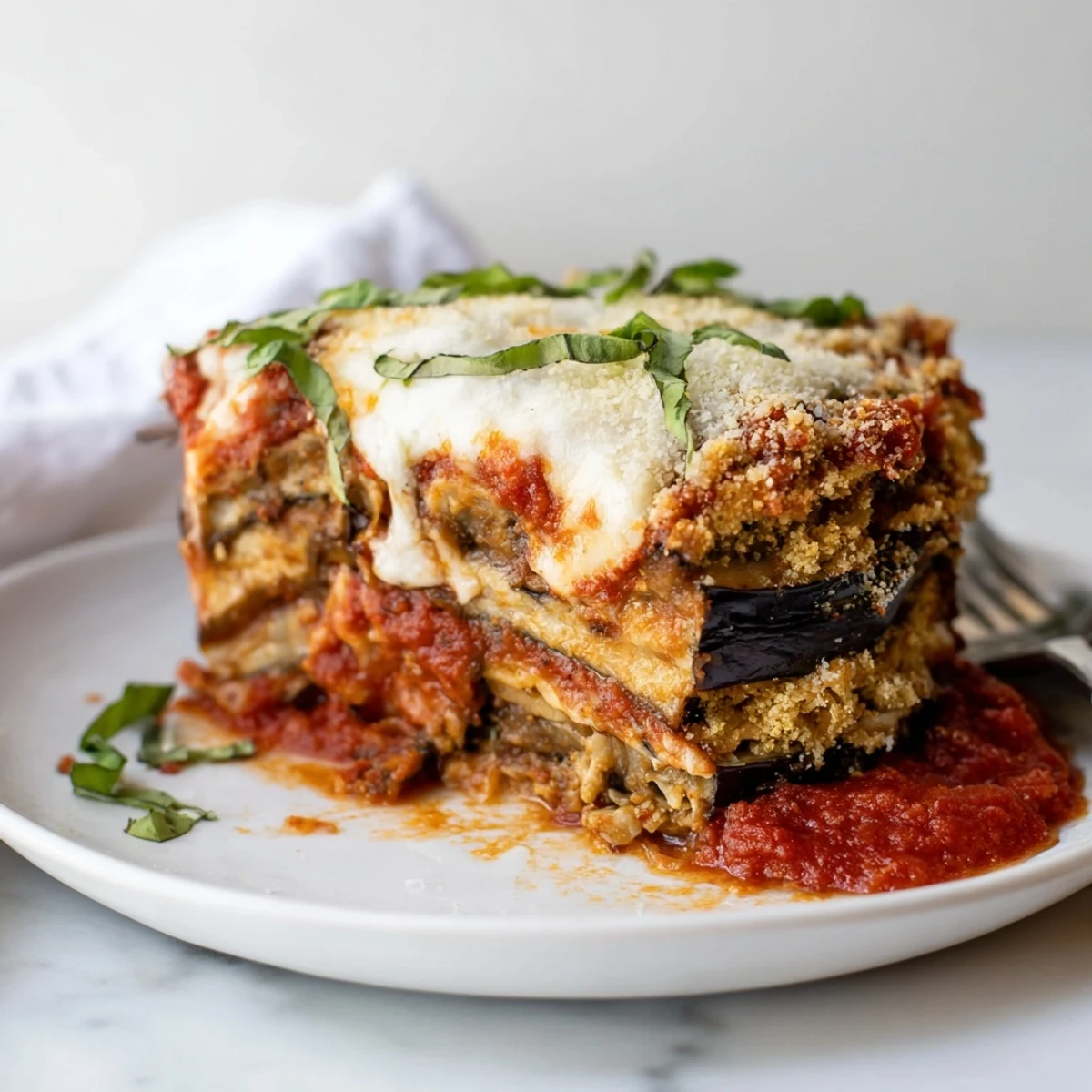 Golden-brown Eggplant Parmesan Lasagna layered with rich marinara and creamy cheeses. 
