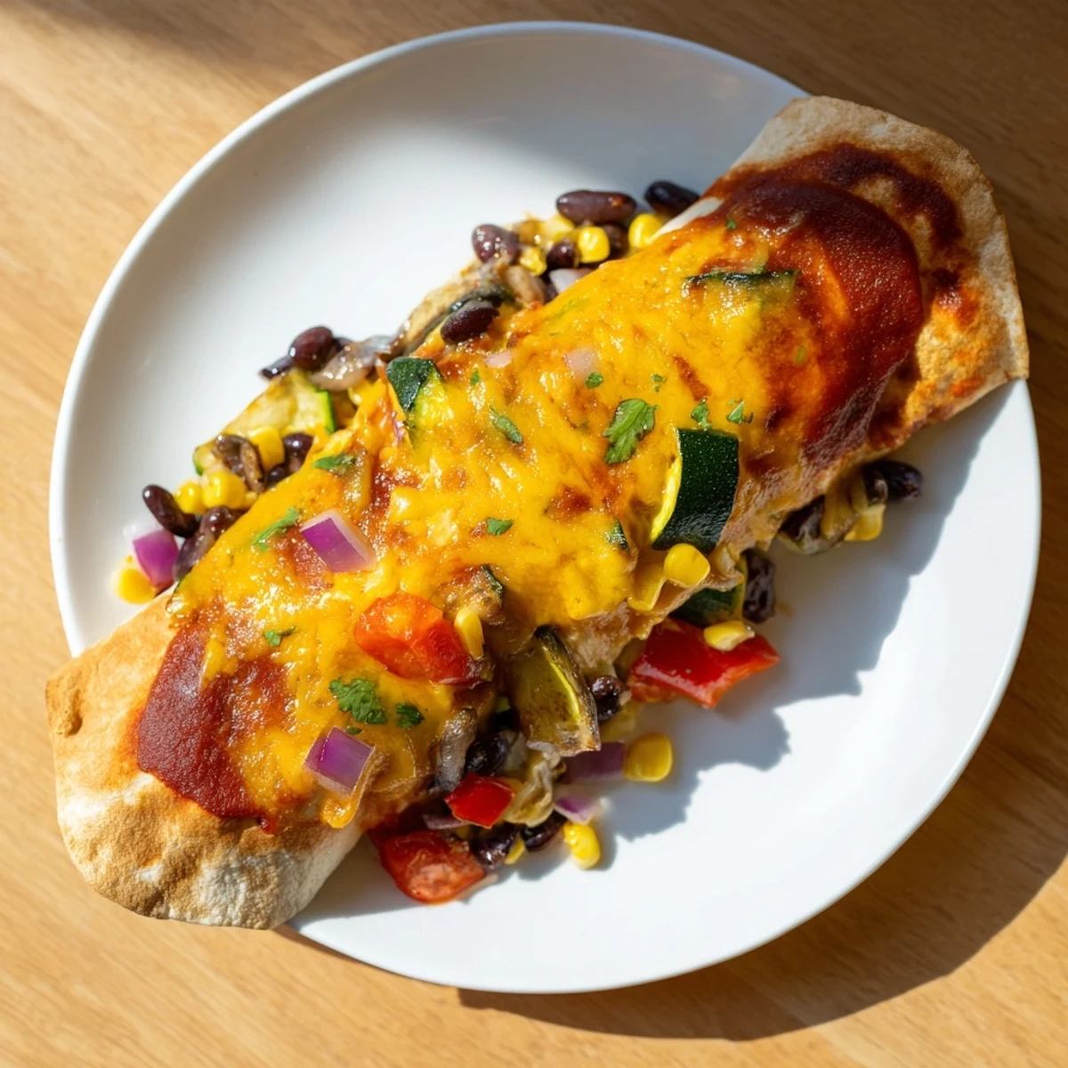 Flavorful Farmers Market Vegetarian Enchiladas, baked golden with cheese and a rich, homemade sauce.