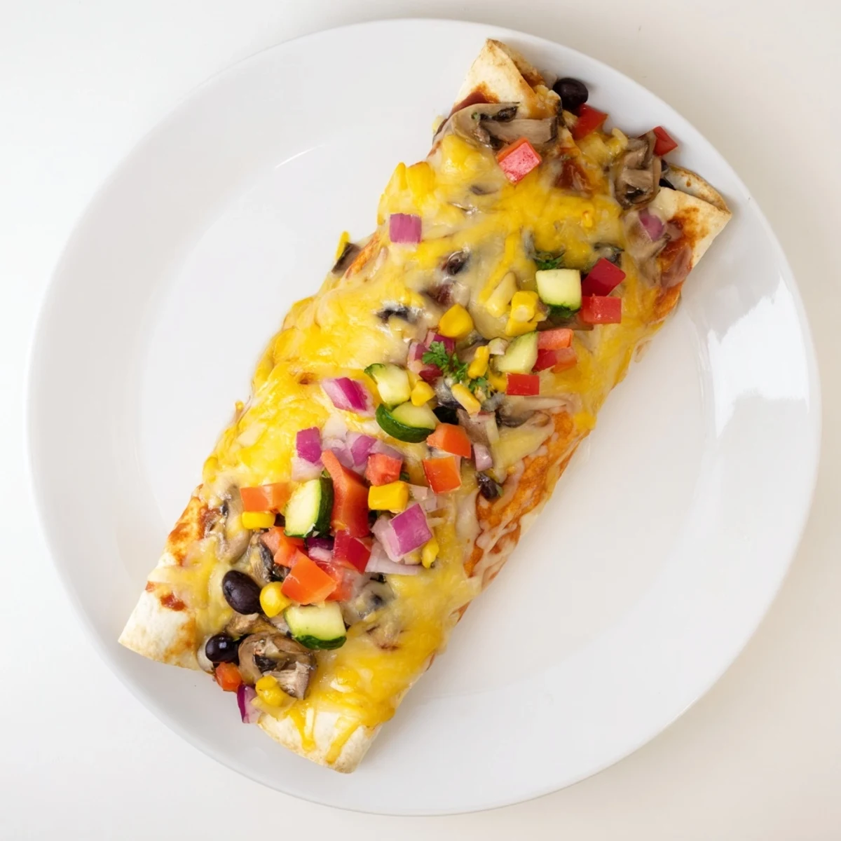 A close-up of cheesy Farmers Market Vegetarian Enchiladas, showing vibrant fillings and fresh cilantro garnish.