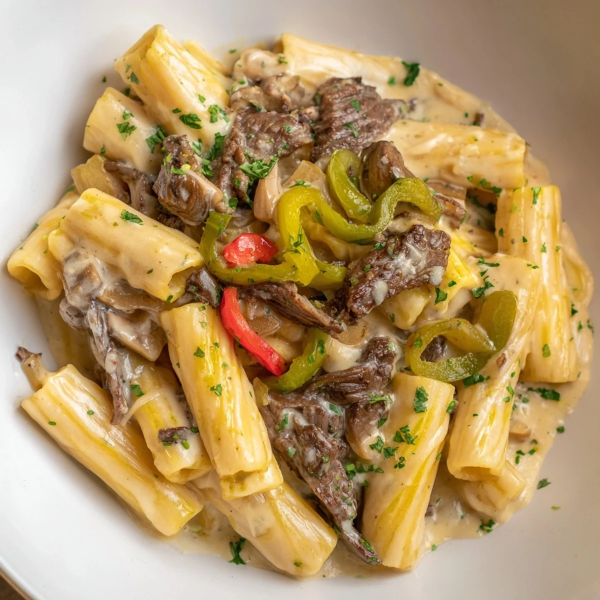 A close-up of creamy Philly Cheese Steak Pasta, with tender beef and melting cheese.
