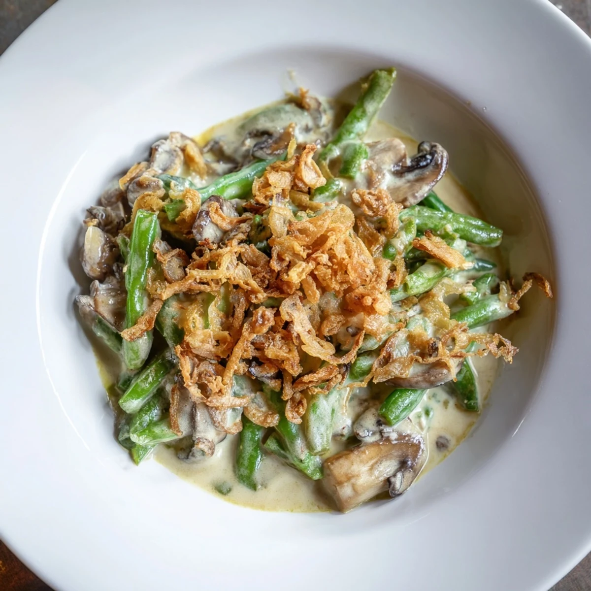 This classic, homemade Old-School Green Bean Casserole features tender green beans in a rich mushroom sauce.