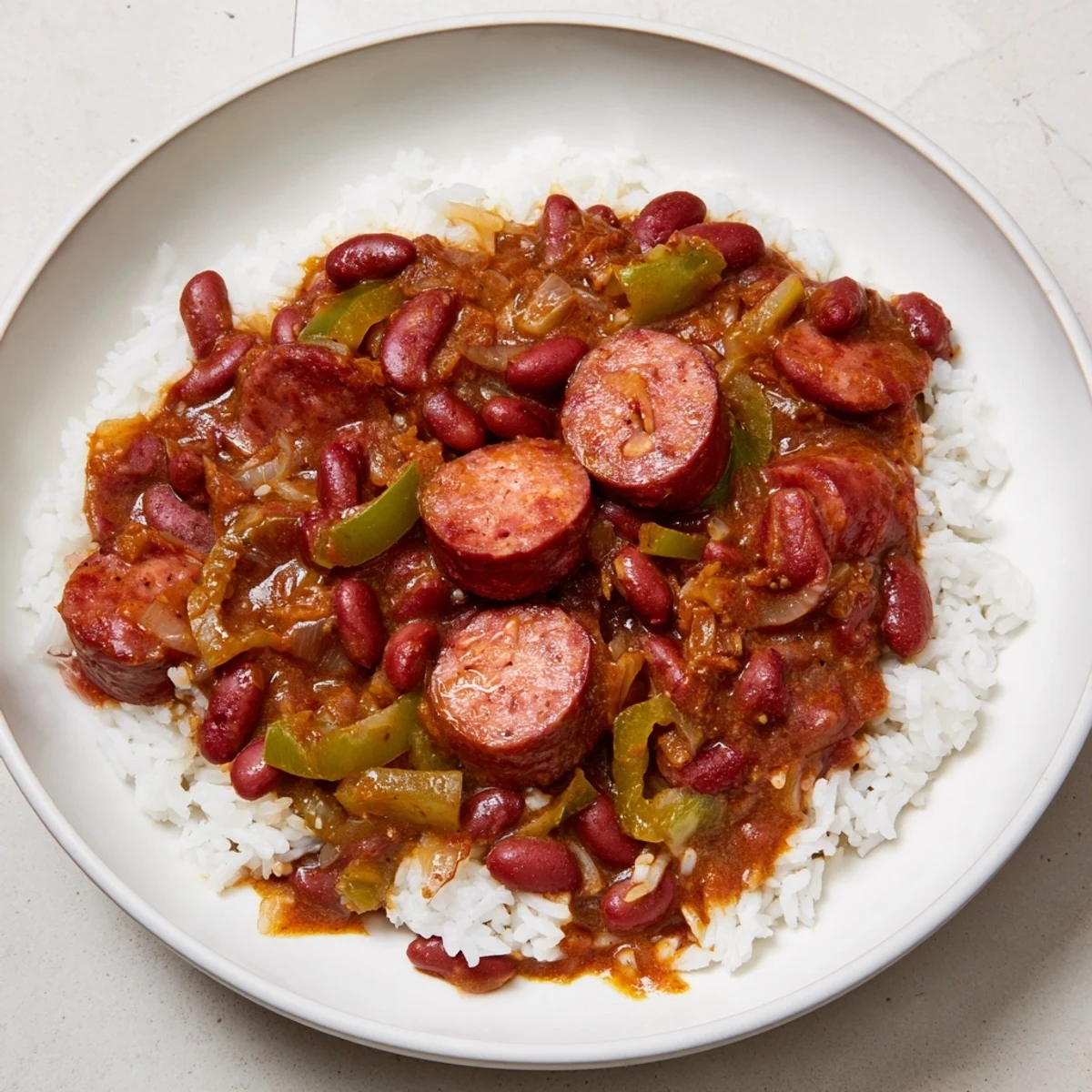 Steaming bowl of Red Beans & Rice, featuring smoky sausage and savory, creamy beans.