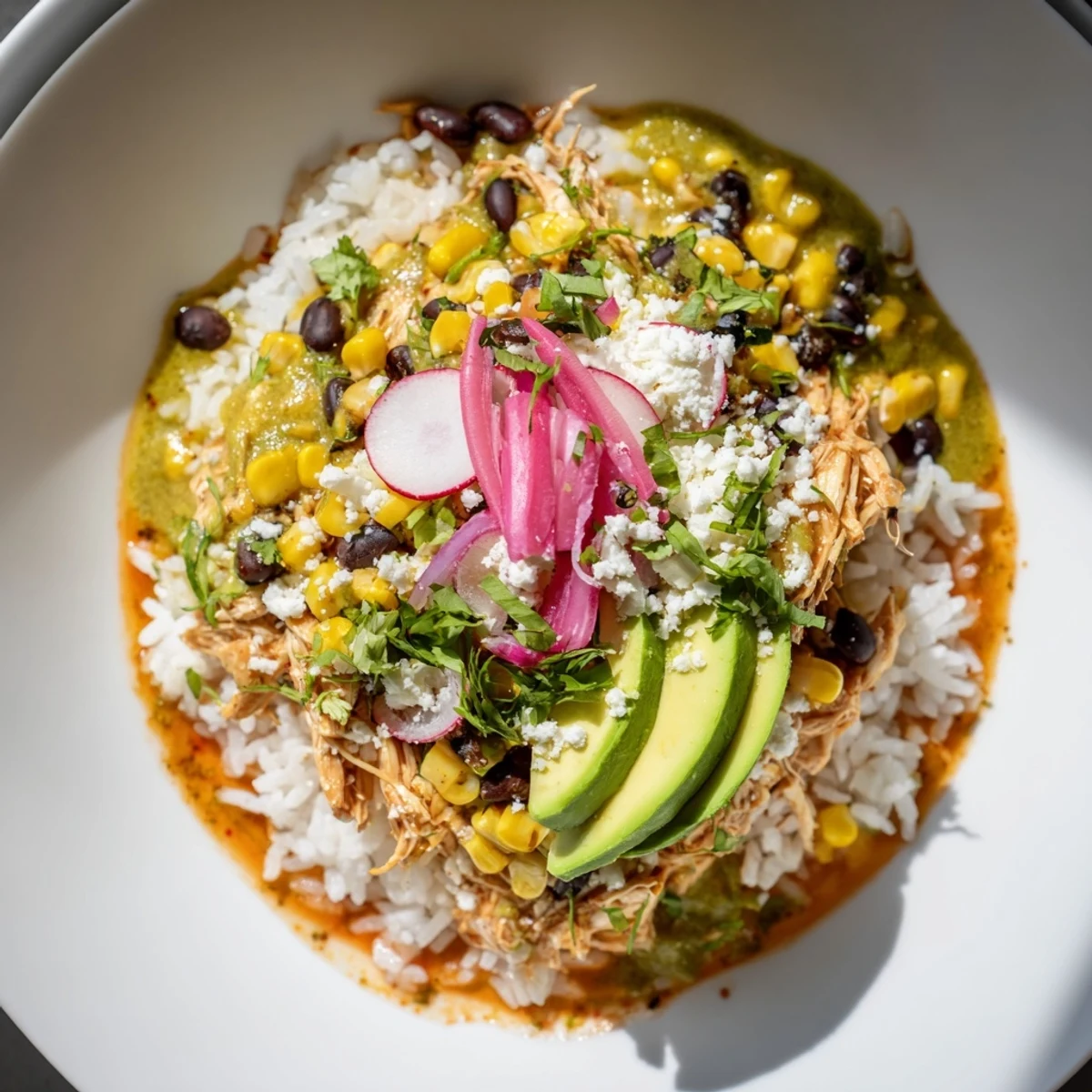Delectable Green Enchiladas Rice Bowl brimming with tender chicken, colorful veggies, and creamy avocado slices.
