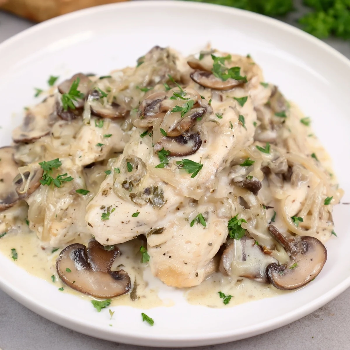 Creamy Chicken Stroganoff, a warm, comforting meal with tender chicken and fluffy noodles, is ready to eat.