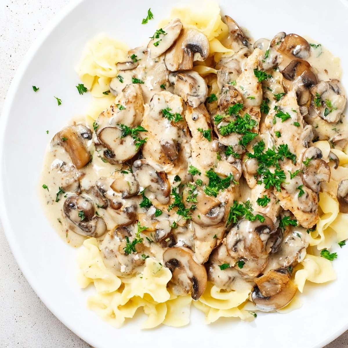 Golden chicken strips are enveloped in a rich sauce; this Creamy Chicken Stroganoff is served beautifully.