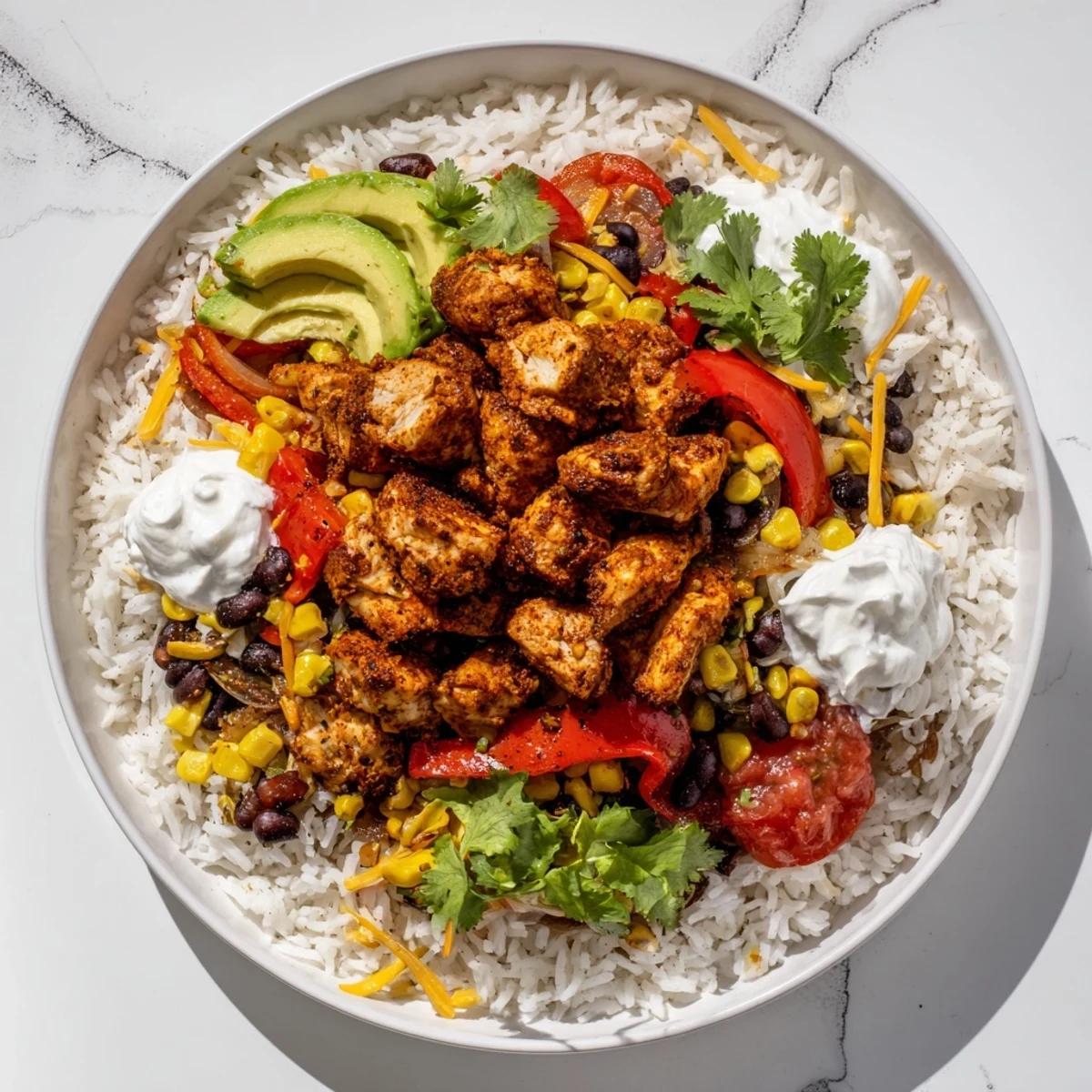 A close-up of delicious sheet pan chicken burrito bowls, featuring tender chicken and roasted peppers, ready to eat.