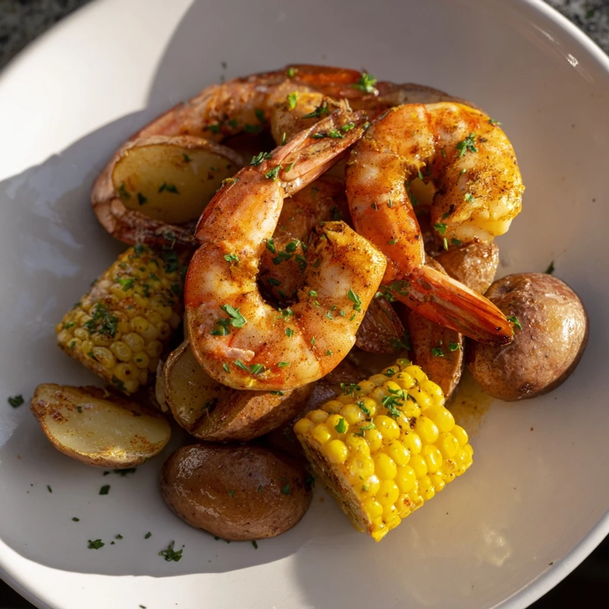 Cajun shrimp & sweet corn platter with juicy shrimp and golden potatoes, ready to serve!