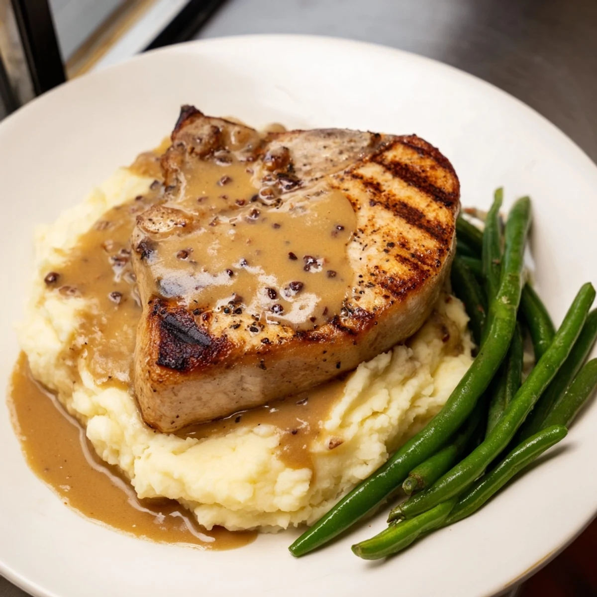 Golden-brown seared pork chops atop cheddar mashed potatoes, a comforting Pork Chops & Cheddar Mash Bowl.