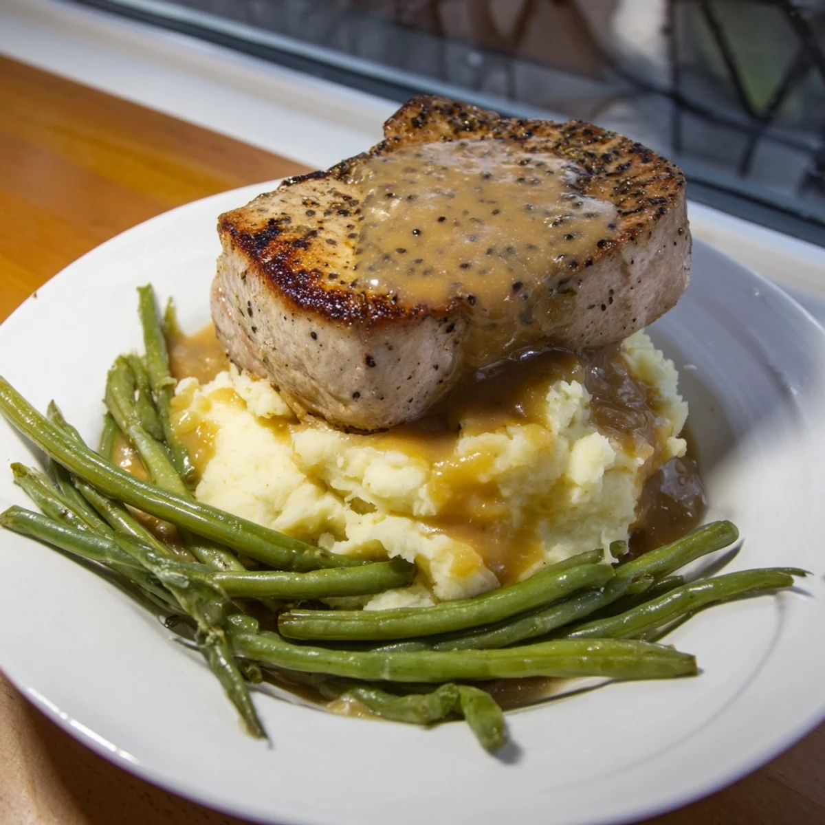 Fluffy, cheesy mashed potatoes beneath juicy pork chops, the perfect Pork Chops & Cheddar Mash Bowl.