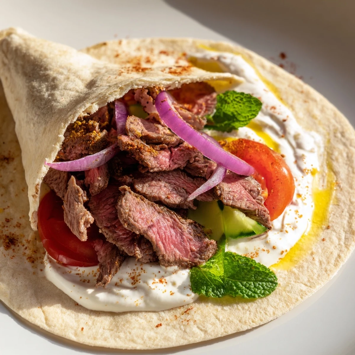 Savory beef shawarma wraps, filled with tender spiced beef and fresh vegetables, ready to eat.