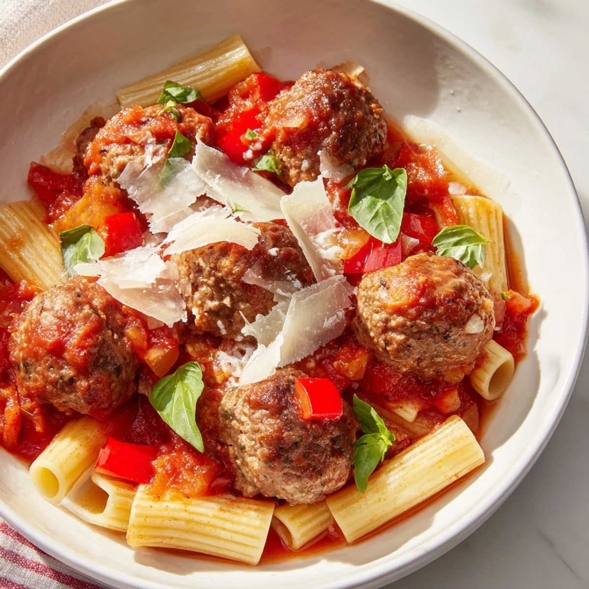 Italian Meatball Pasta Skillet: A bubbling skillet of pasta, cheesy sauce, and savory meatballs.
