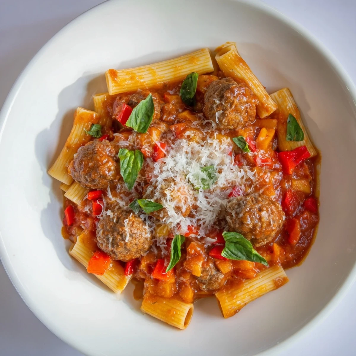 Italian Meatball Pasta Skillet, a comforting family meal: Meatballs nestled in tomato sauce with melted mozzarella.