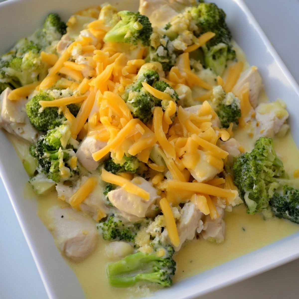 Cheesy Chicken & Broccoli Cheddar Bake picture with fresh broccoli and a bubbly, rich cheese sauce.
