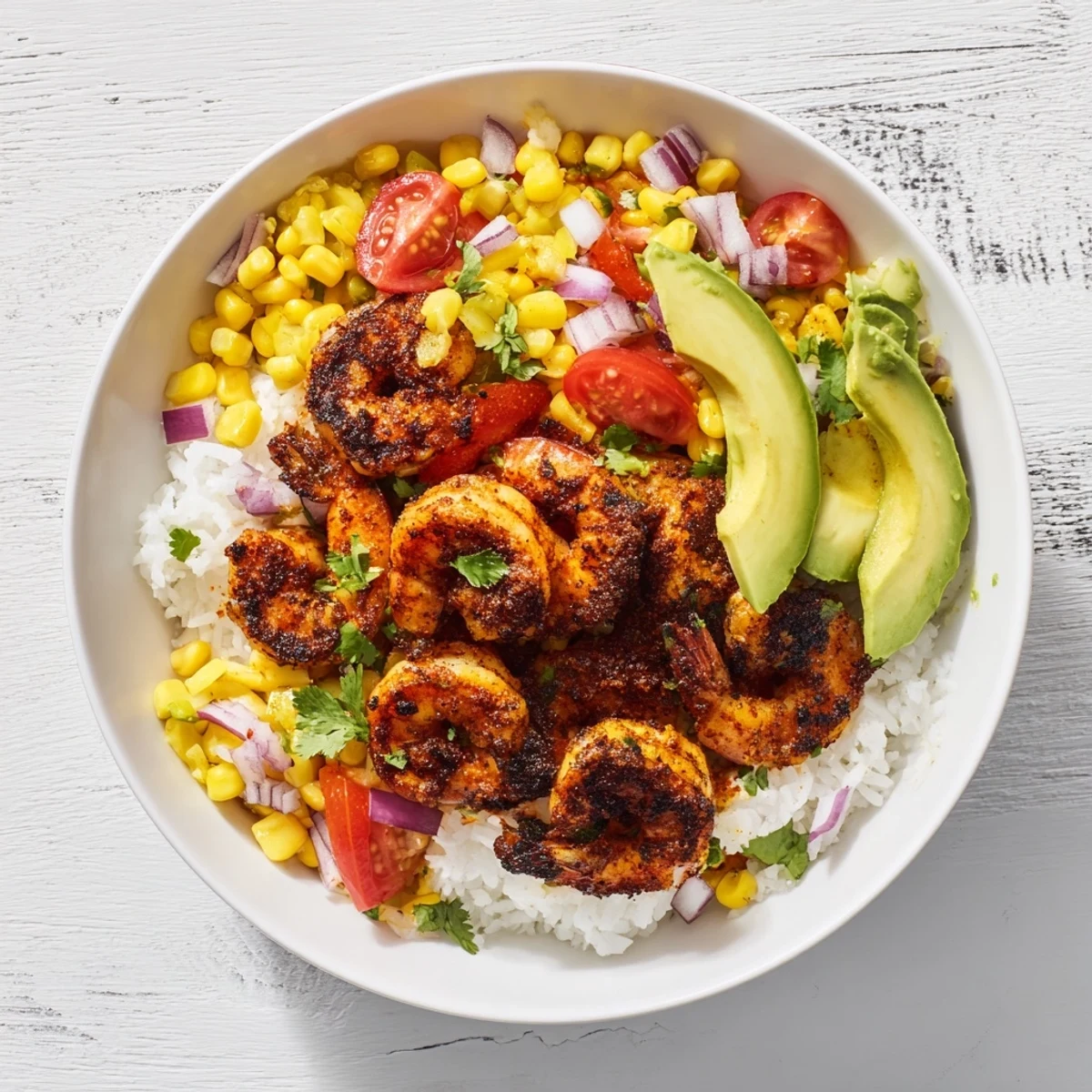 Spicy blackened shrimp bowl with creamy avocado salsa served over fluffy white rice.