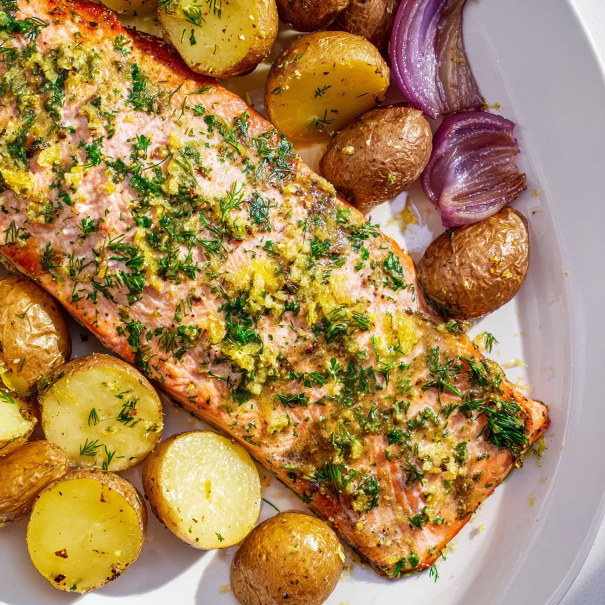 A close-up shot of baked Lemon Herb Salmon & Potato, promising a flavorful, healthy, ready-to-eat dinner.