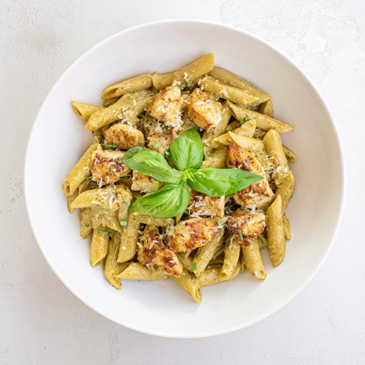 Al dente penne pasta dish, tossed with chicken in a rich, creamy pesto sauce, ready to serve.