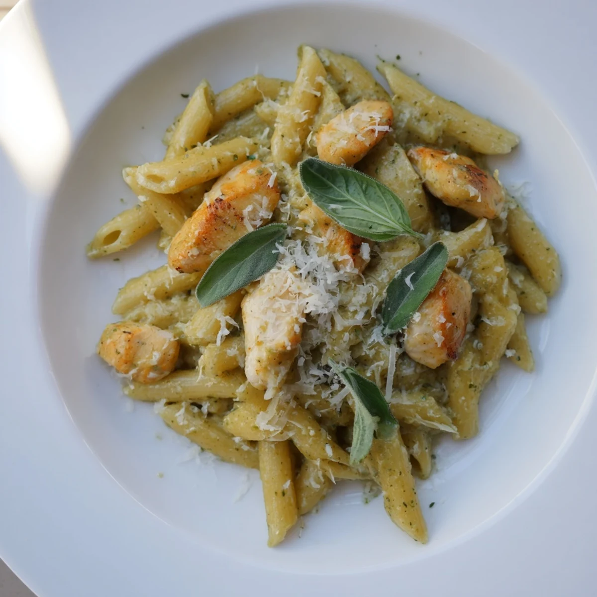 A close-up shot of hot Creamy Pesto Penne & Chicken, garnished with fresh basil and Parmesan.