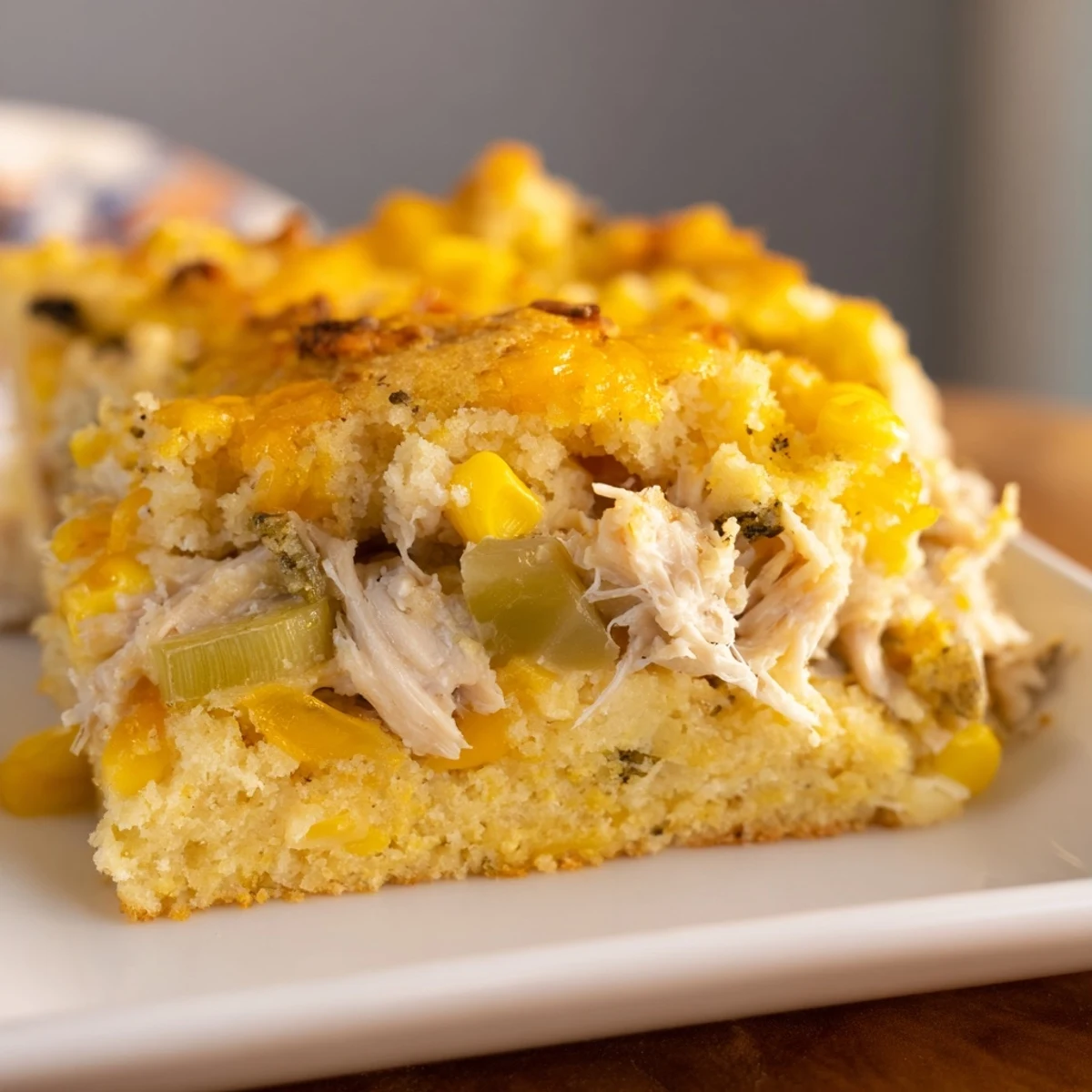 Golden brown Southern Cornbread Chicken Casserole, a hearty family meal with a sweet cornbread topping.