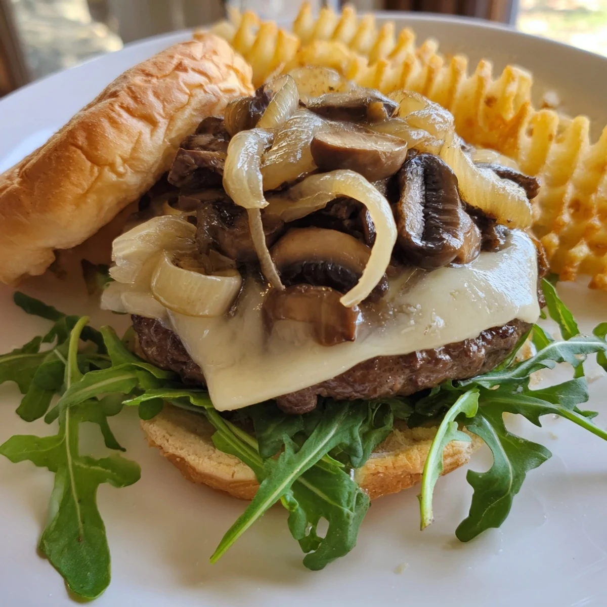Juicy Mushroom Swiss Burger on a toasted bun with melted cheese, served with crispy waffle fries.