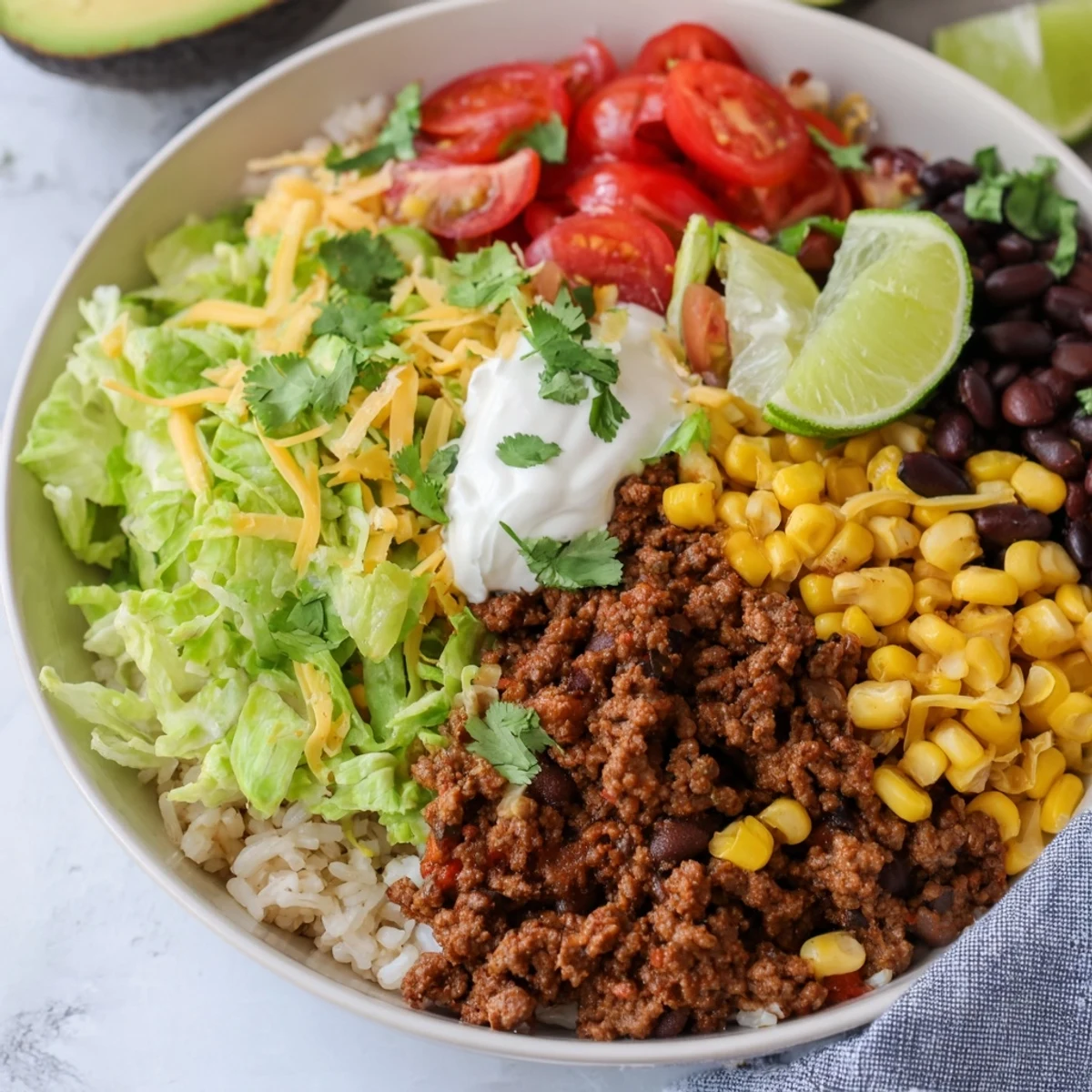 Loaded Beef Burrito Bowl, a colorful dish with seasoned beef, fluffy rice, and fresh toppings.