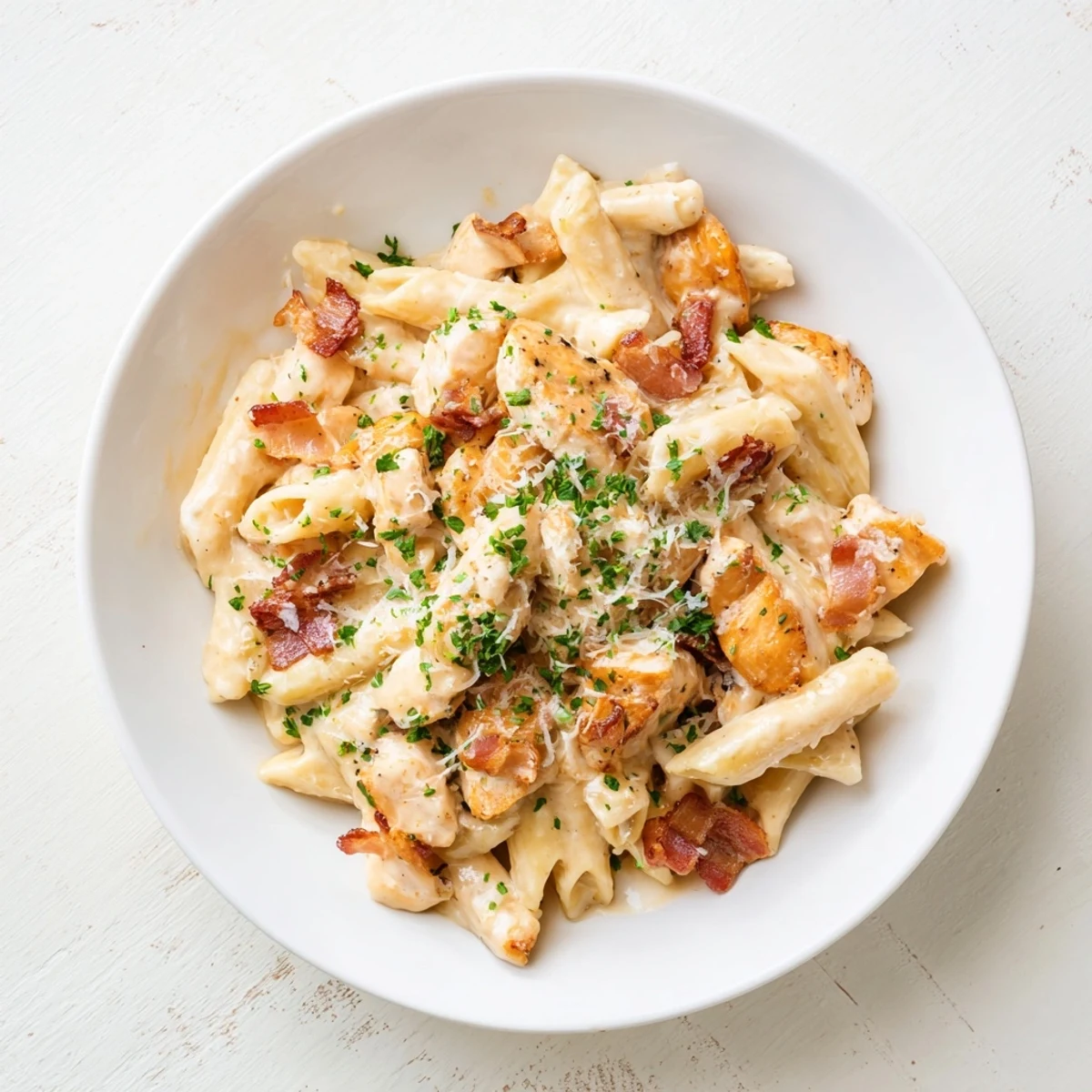 Golden, cheesy Ranch Chicken & Bacon Penne topped with Parmesan, offering a satisfying and flavorful pasta dinner.