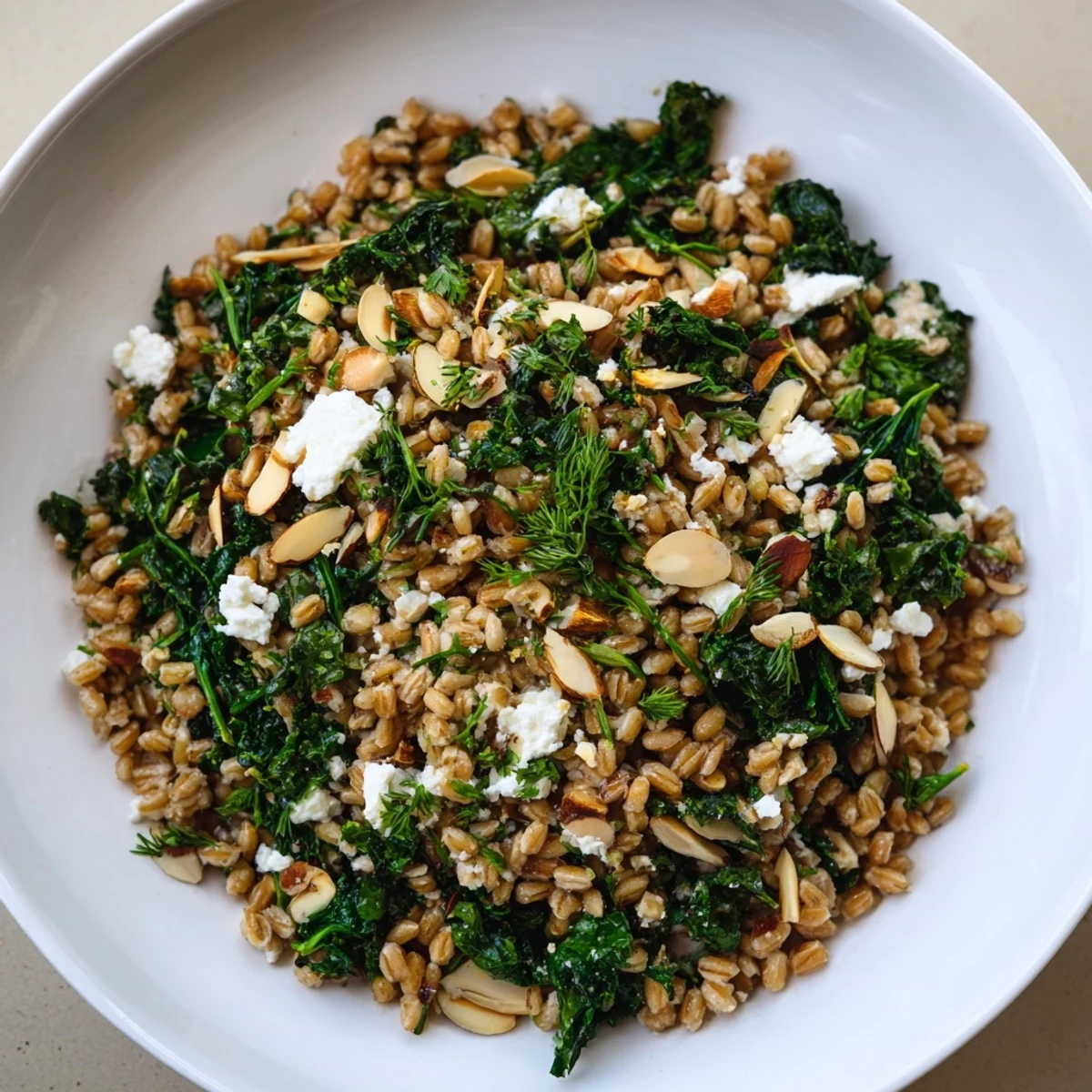 Warm farro & greens pilaf with toasted almonds: a vibrant vegetarian meal, steaming hot and ready to serve.
