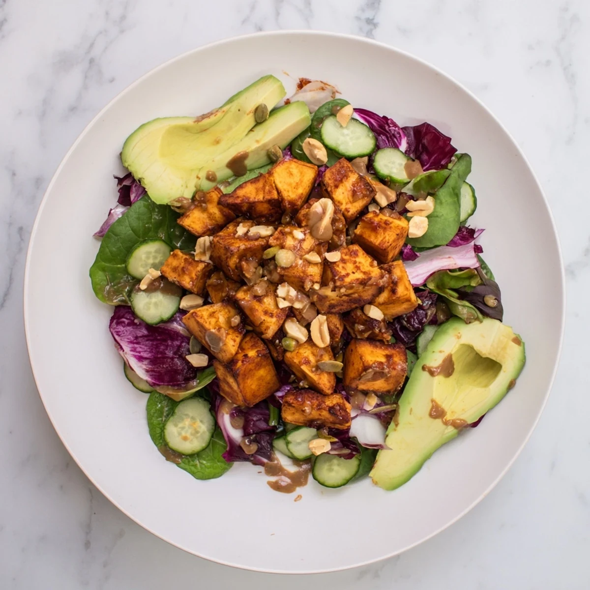 The Spiced Peanut Sweet Potato Salad Bowl with vibrant roasted sweet potatoes and creamy avocado.