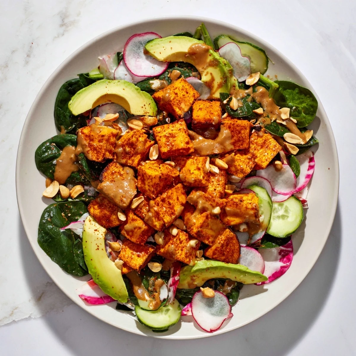 A close-up of a colorful Spiced Peanut Sweet Potato Salad Bowl, brimming with fresh, healthy ingredients and peanuts.