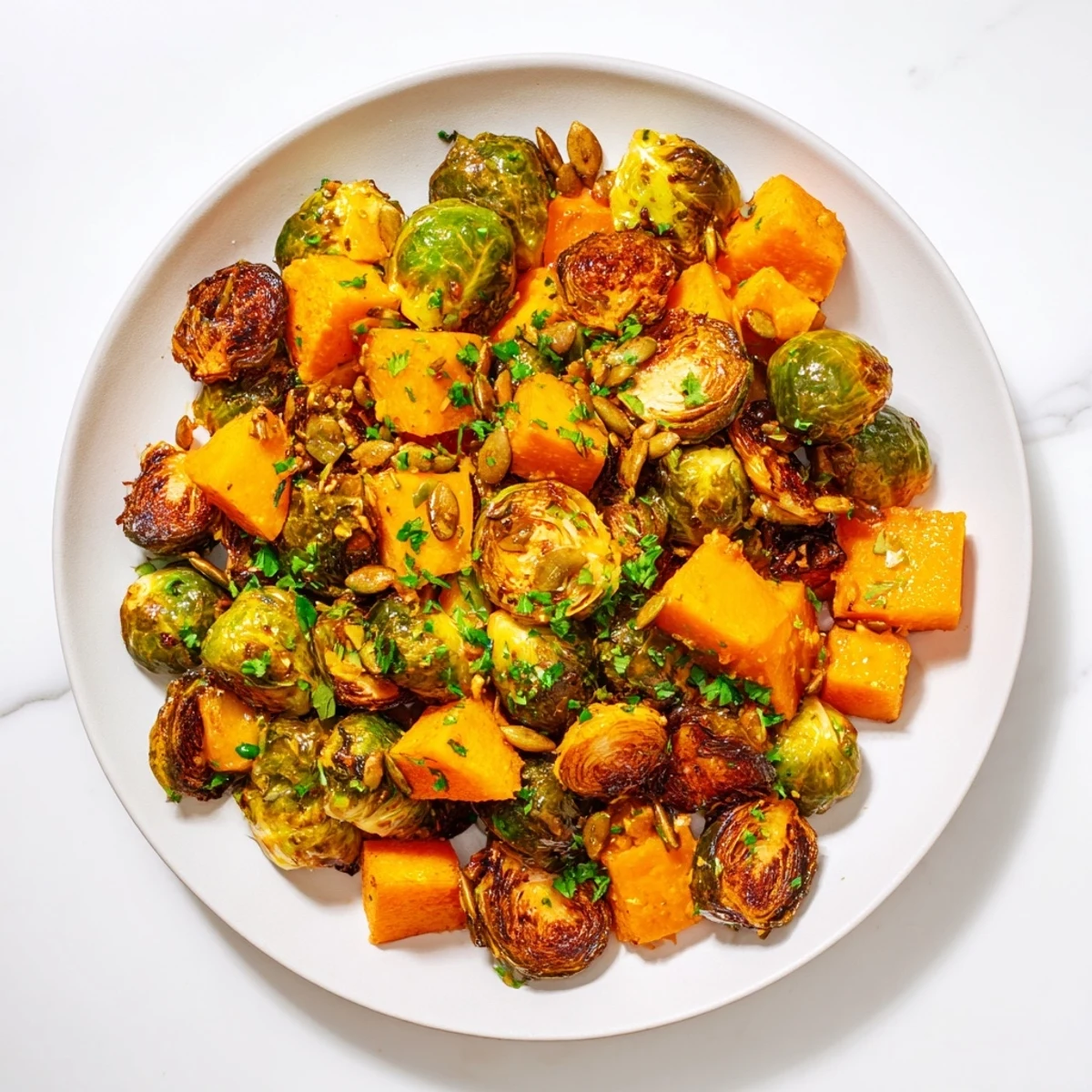 Roasted Brussels Sprouts & Butternut Squash, golden-brown and glistening, tossed in delicious orange dressing.