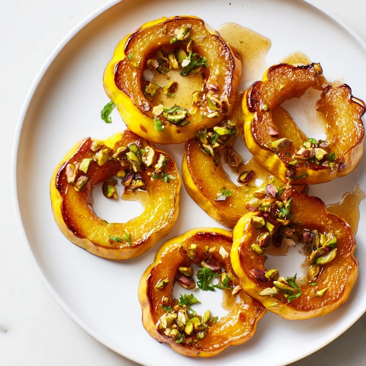 Golden-brown Baked Delicata Squash Rings topped with brilliant green pistachios and a sweet maple glaze.