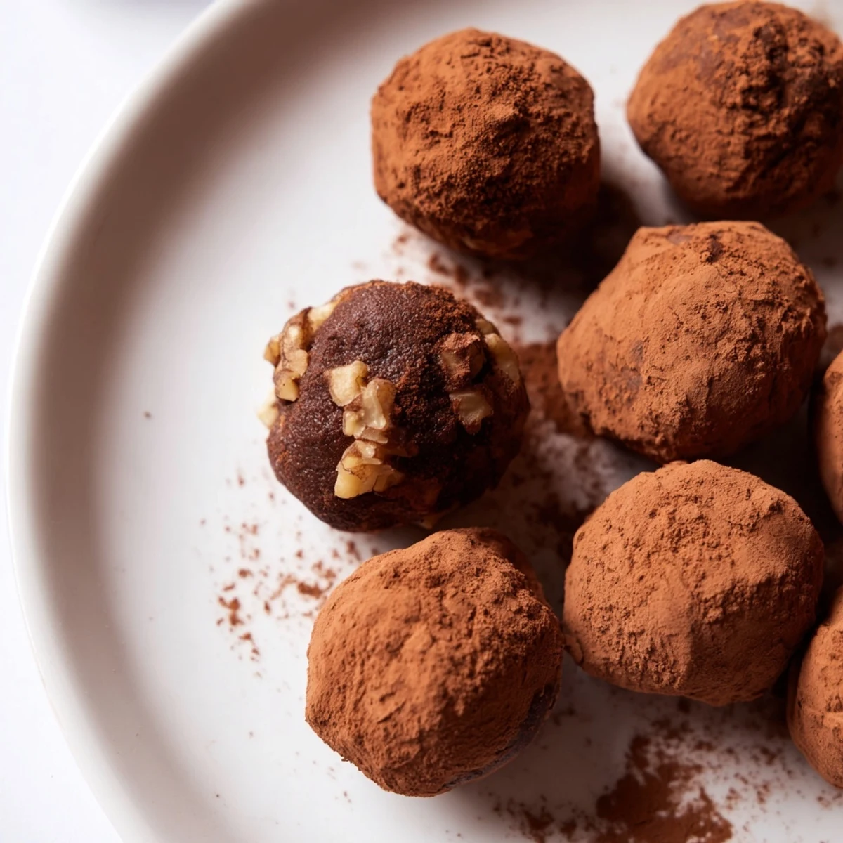Enjoy these vegan Date & Walnut Truffles, delightfully rolled in cocoa, for a perfect sweet treat.