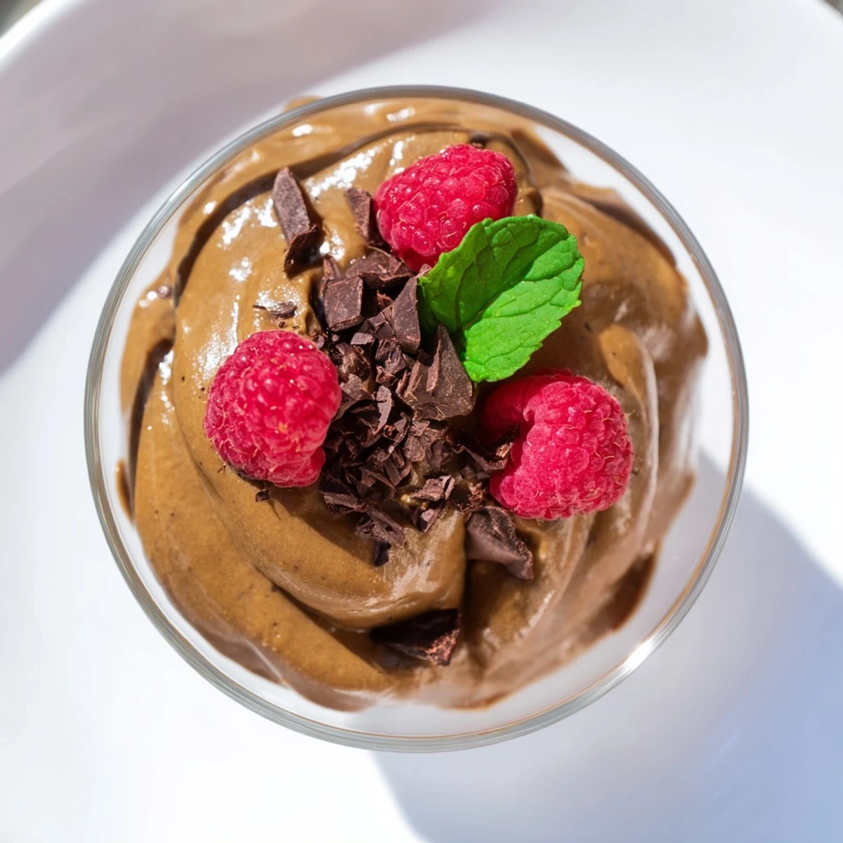 Creamy Avocado Chocolate Mousse: a decadent dessert topped with bright red raspberries, ready to eat.