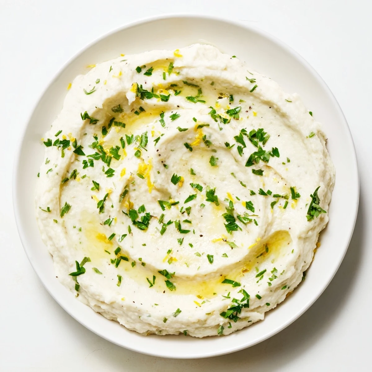 Creamy cauliflower mash with garlic and lemon, served hot, a healthy and delicious side.