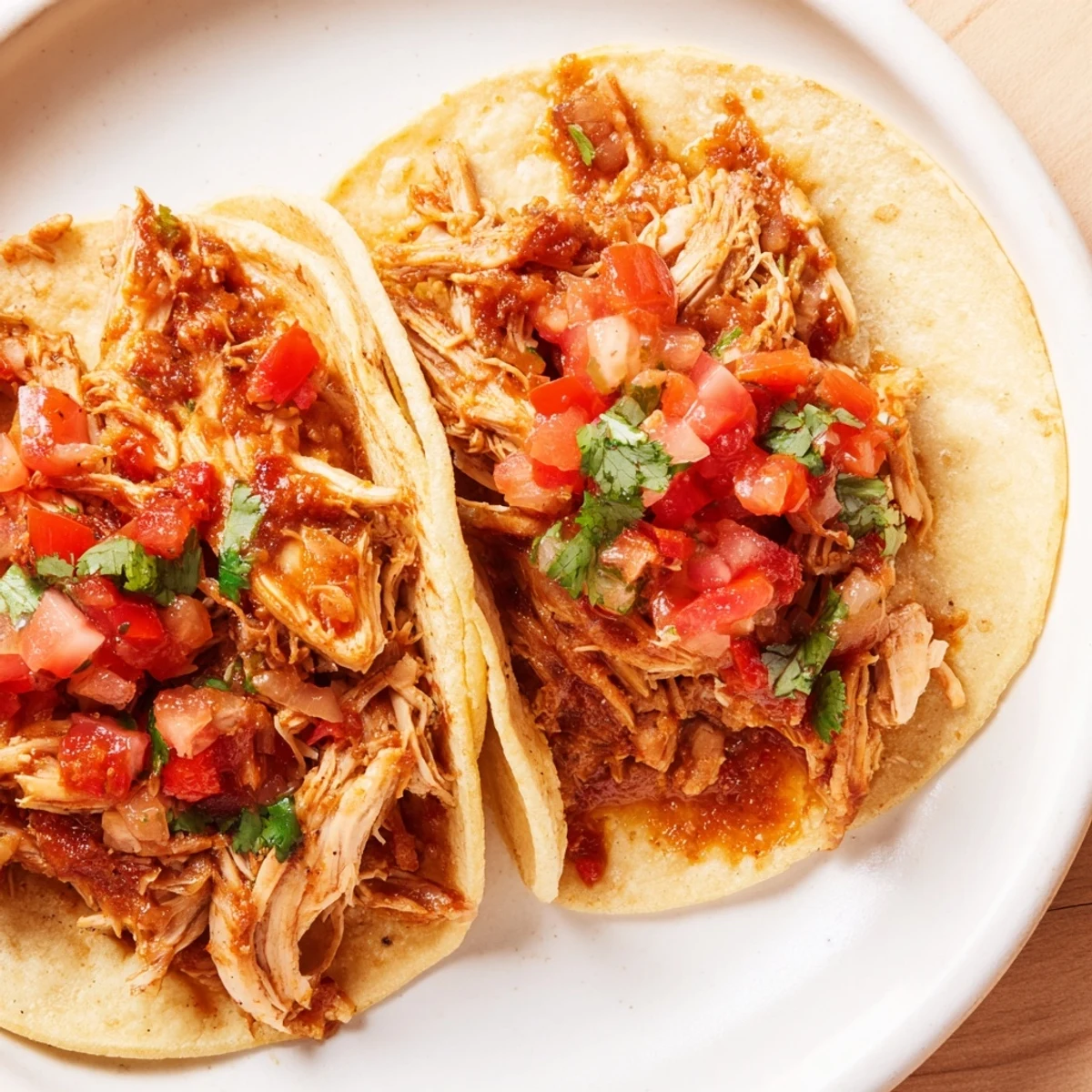 The richly sauced Crock-Pot Shredded Chicken Tacos look amazing, ready for assembling and serving with favorite toppings.