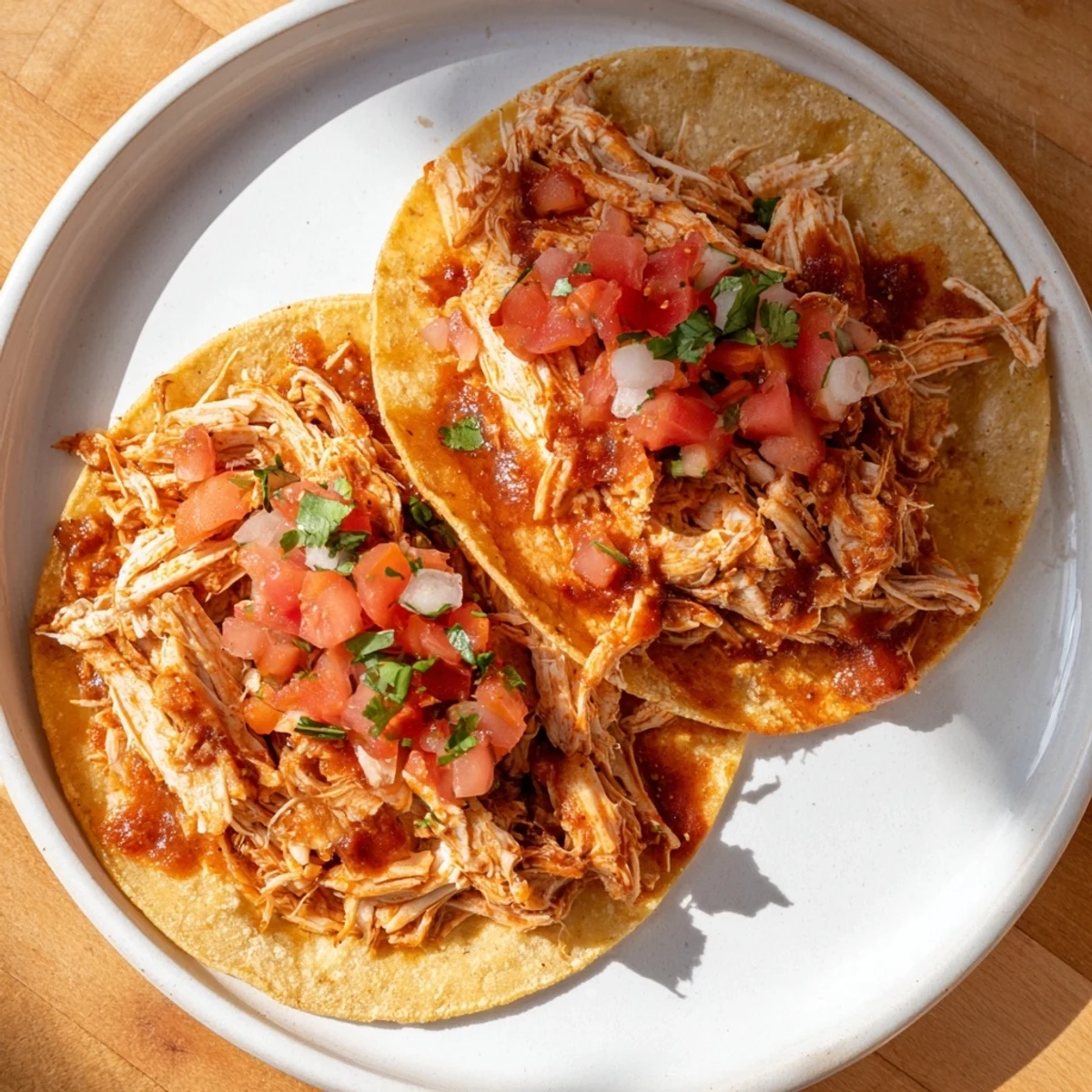 Crock-Pot Shredded Chicken Tacos spilling out of a warm tortilla, ready to be devoured with fresh toppings.
