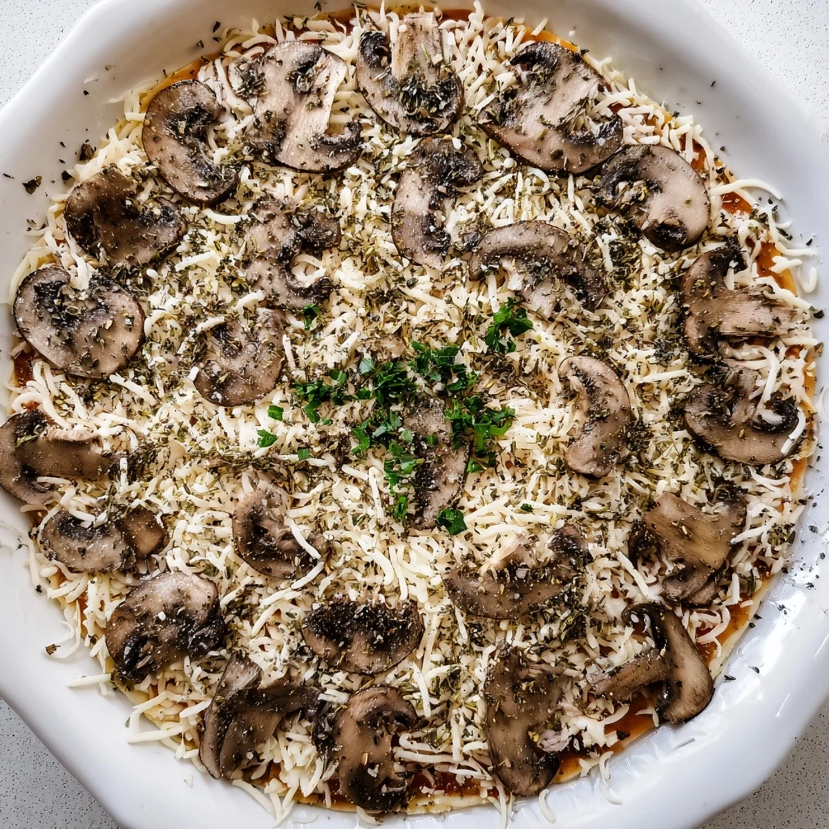 Gourmet frozen pizza upgrade with melted cheese, canned mushrooms, and fragrant herbs in the oven.