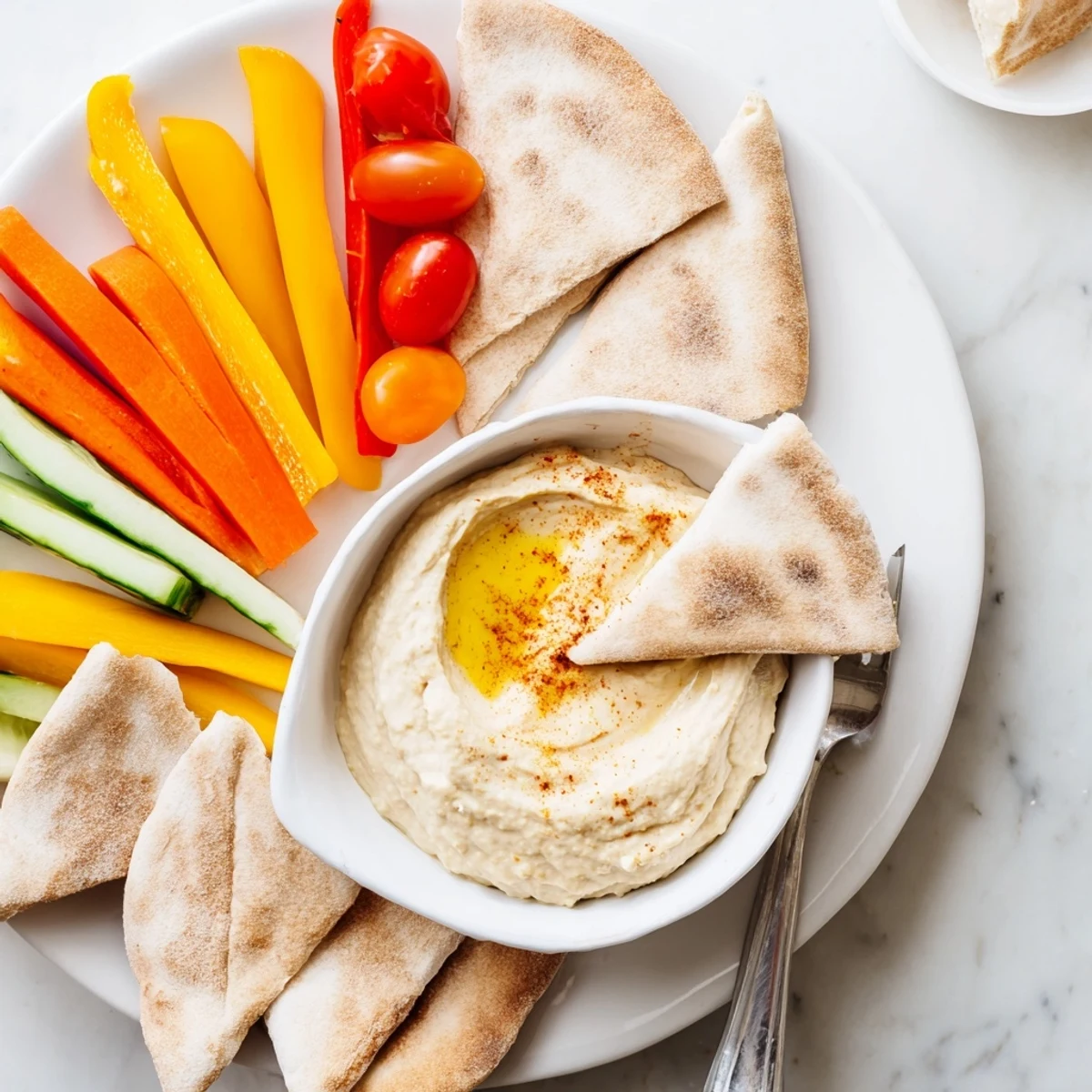 Homemade hummus with fresh pita and colorful veggie sticks create a delicious, nutritious platter for everyone.