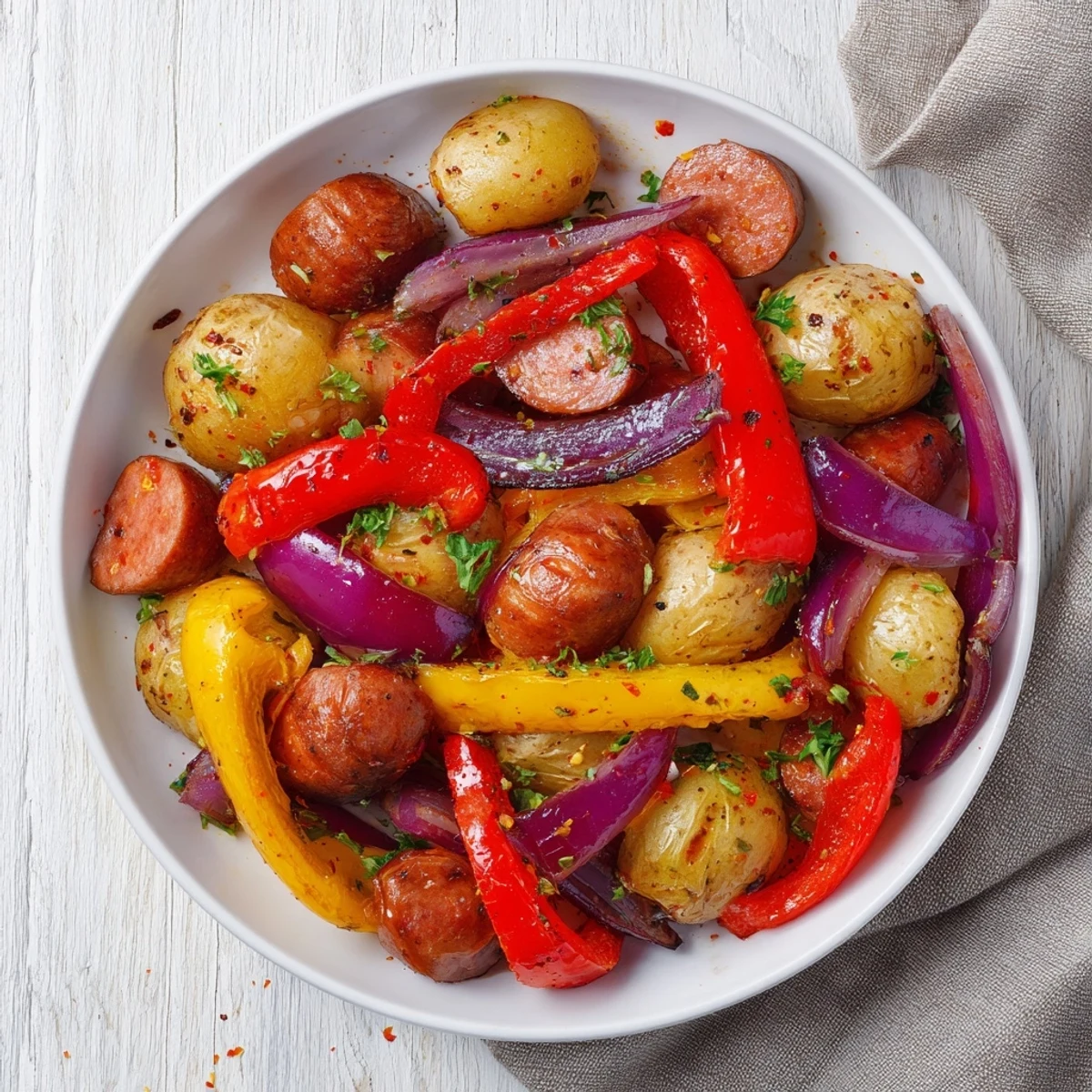 Sheet-Pan Sausage with Peppers and Potatoes, glistening with herbs, ready for a delicious dinner.