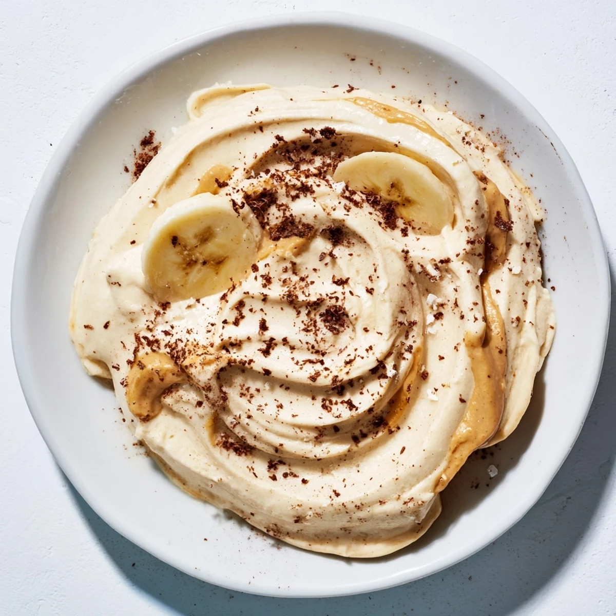 A photo shows homemade peanut butter banana ice cream with a perfect soft-serve consistency, ready to eat!