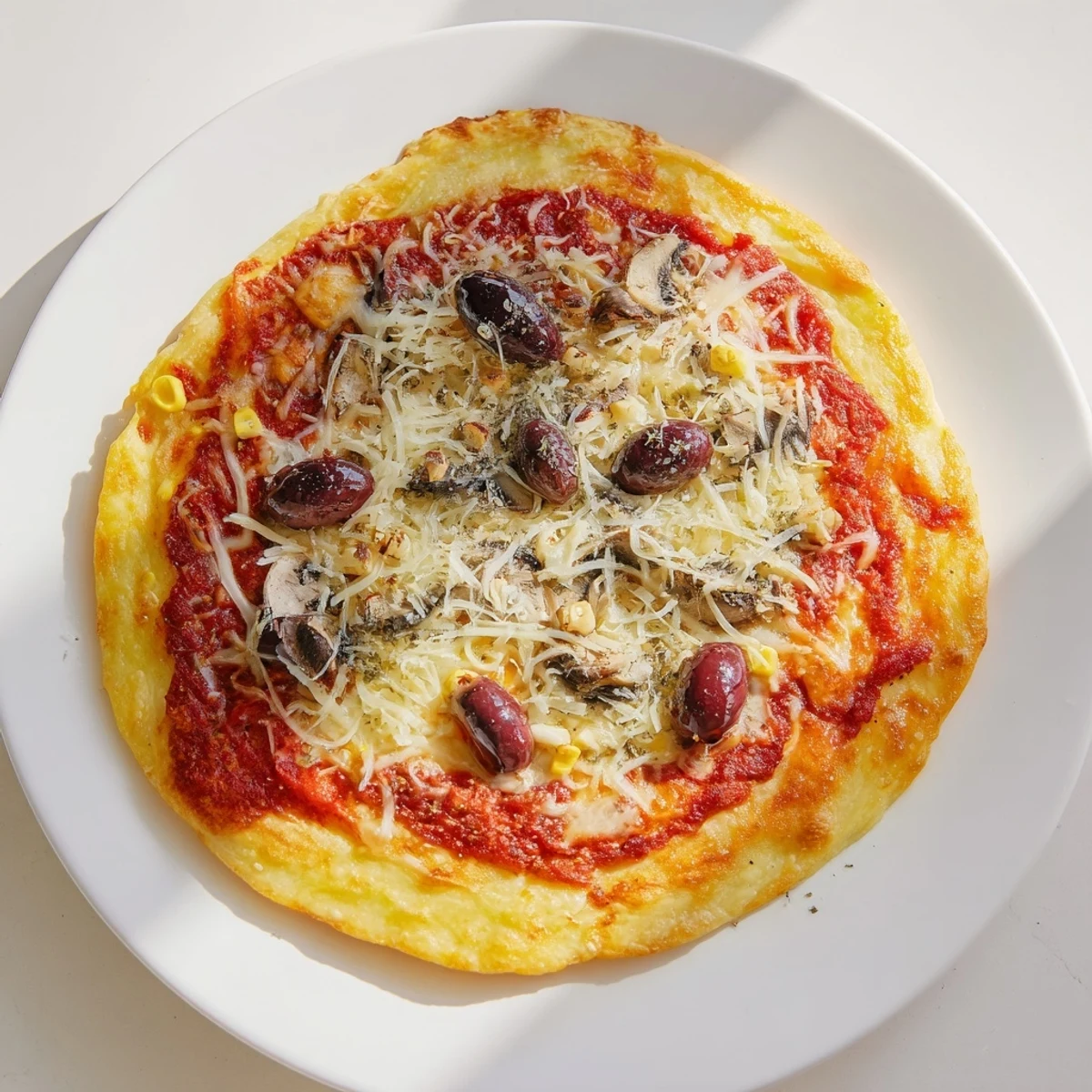 Golden-brown tortilla pizza loaded with melted cheese and vibrant, savory pantry toppings, ready to eat.