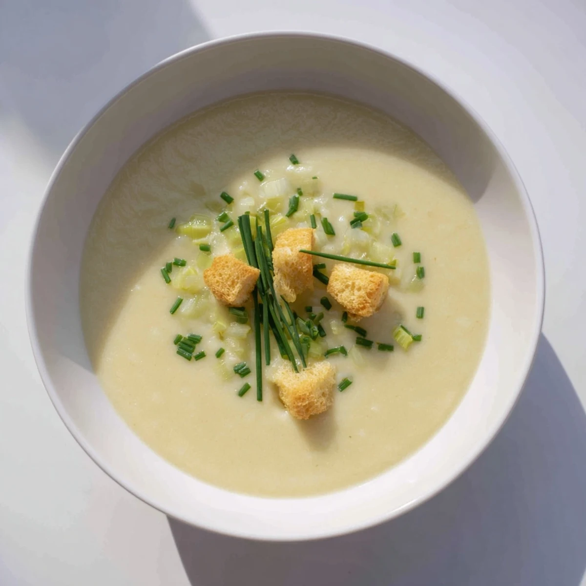 A steaming bowl of creamy potato leek soup, garnished with fresh chives, ready to eat.