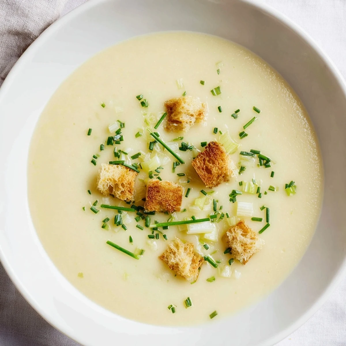 Golden-yellow potato leek soup, smooth and rich, perfect for a cozy, comforting lunch.