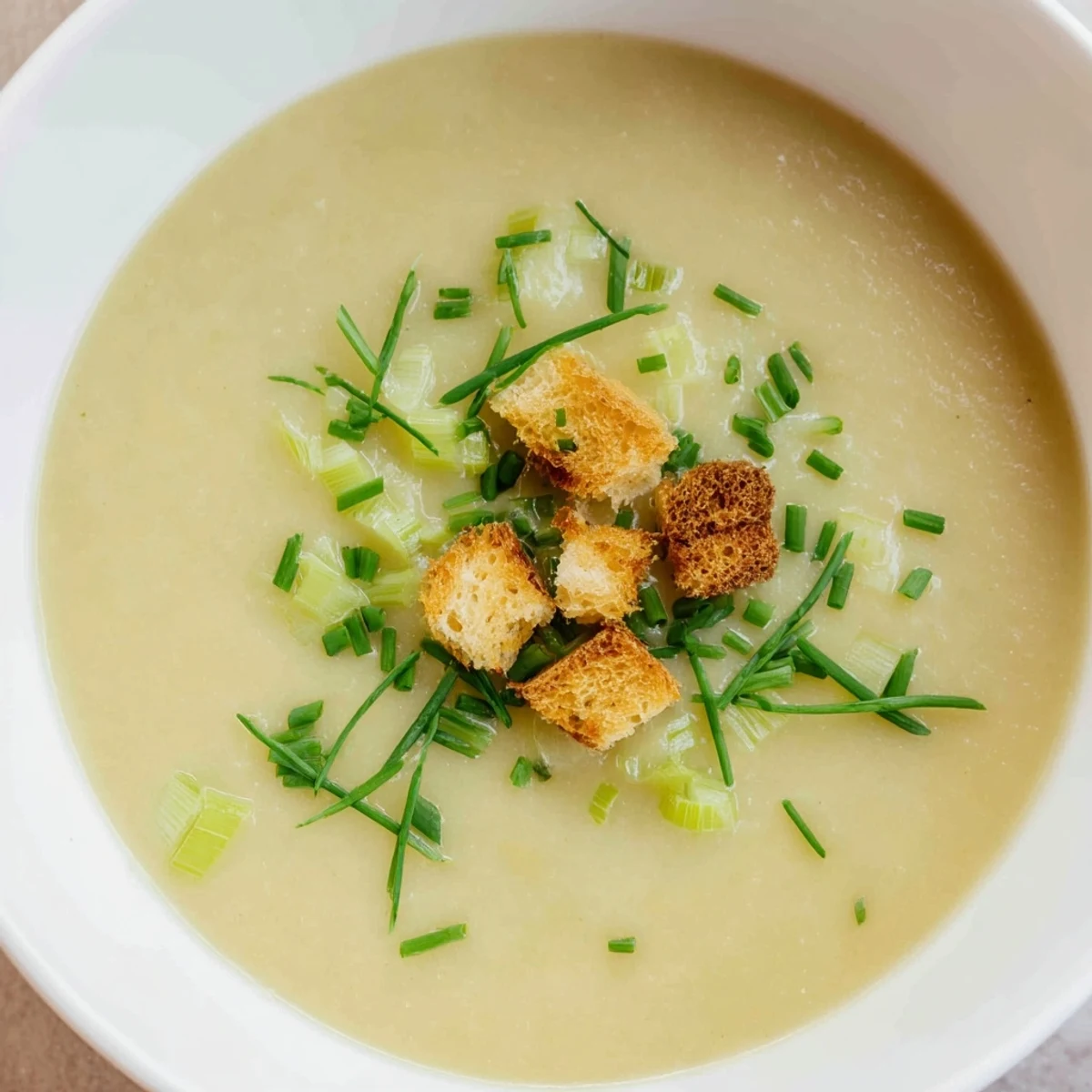 Close-up of a rustic bowl filled with potato leek soup, a delicious vegetarian classic.